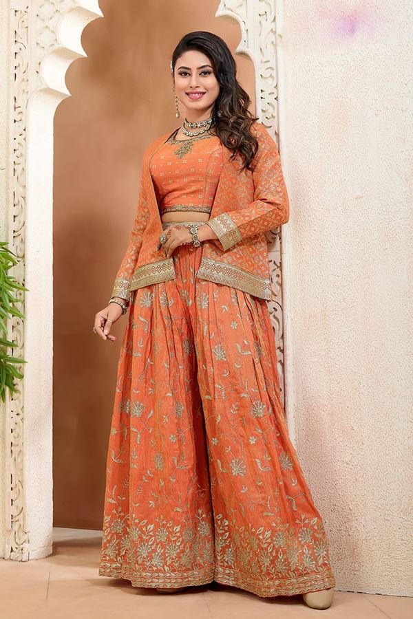 Picture of  Dazzling Orange Designer Palazzo Suit for Engagement, Reception, Festivals, Sangeet, and Parties