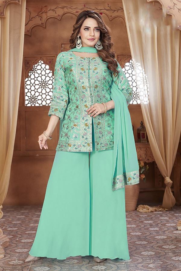 Picture of Flawless Sea Green Designer Palazzo Suit for Mehendi, Sangeet, and Parties