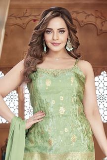 Picture of Trendy Pista Green Designer Palazzo Suit for Engagement, Sangeet, and Parties
