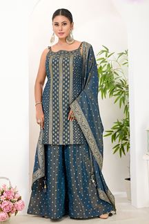 Picture of  Surreal Teal Blue Designer Palazzo Suit for Wedding, Reception, Festivals, Sangeet, and Parties