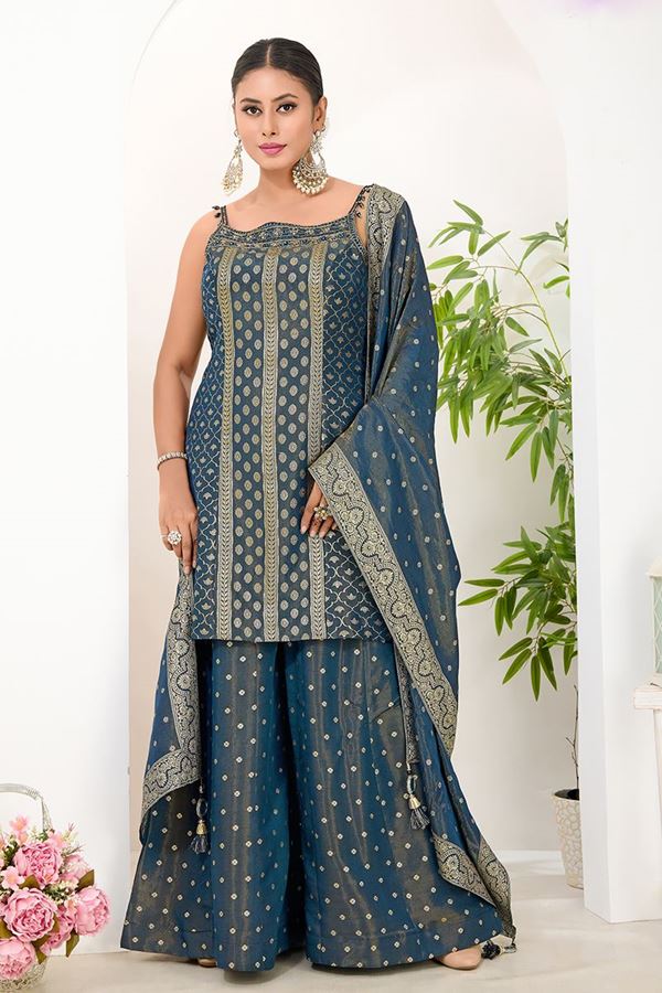 Picture of  Surreal Teal Blue Designer Palazzo Suit for Wedding, Reception, Festivals, Sangeet, and Parties