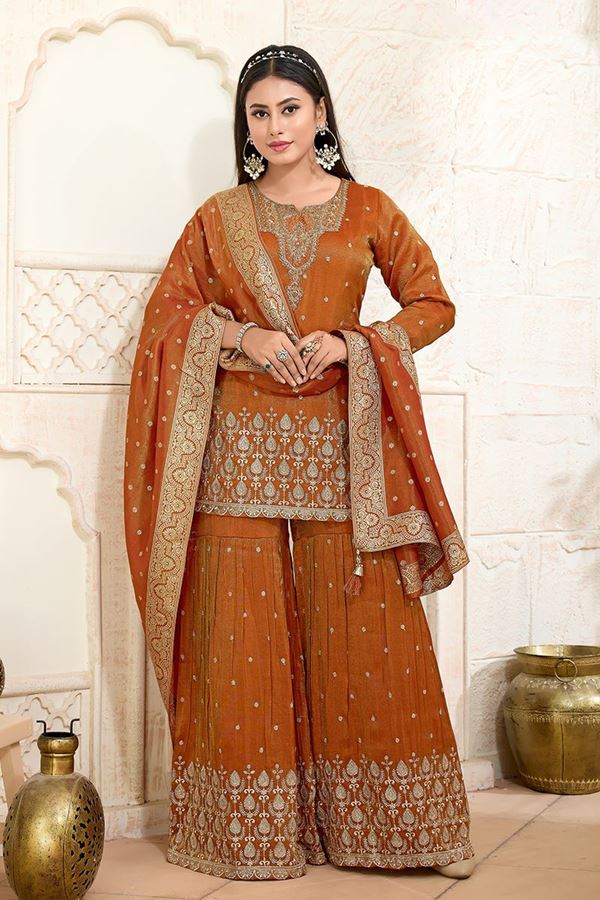 Picture of  Heavenly Mustard Designer Gharara Suit for Haldi, Wedding, Reception, Festivals, Sangeet, and Parties