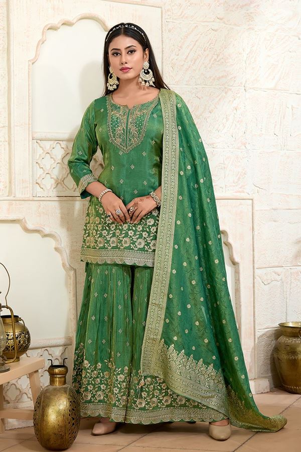 Picture of  Aesthetic Green Designer Gharara Suit for Mehendi, Engagement, Wedding, Reception, Festivals, Sangeet, and Parties