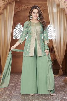 Picture of Royal Pista Green Designer Palazzo Suit for Engagement, Sangeet, and Parties