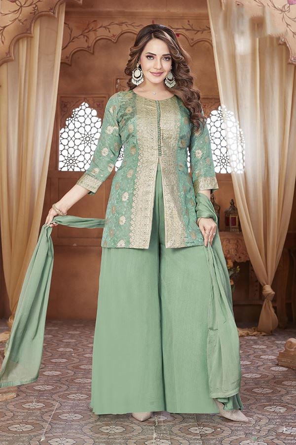 Picture of Royal Pista Green Designer Palazzo Suit for Engagement, Sangeet, and Parties
