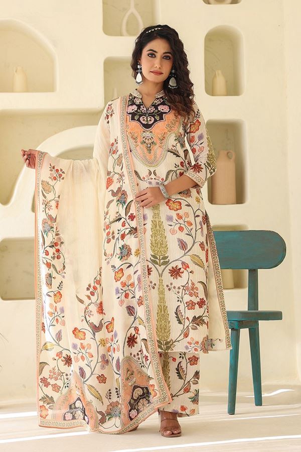 Picture of   Bollywood Cream Designer Straight Cut Suit for Festivals, Sangeet, and Parties