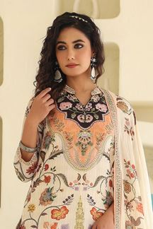 Picture of   Bollywood Cream Designer Straight Cut Suit for Festivals, Sangeet, and Parties
