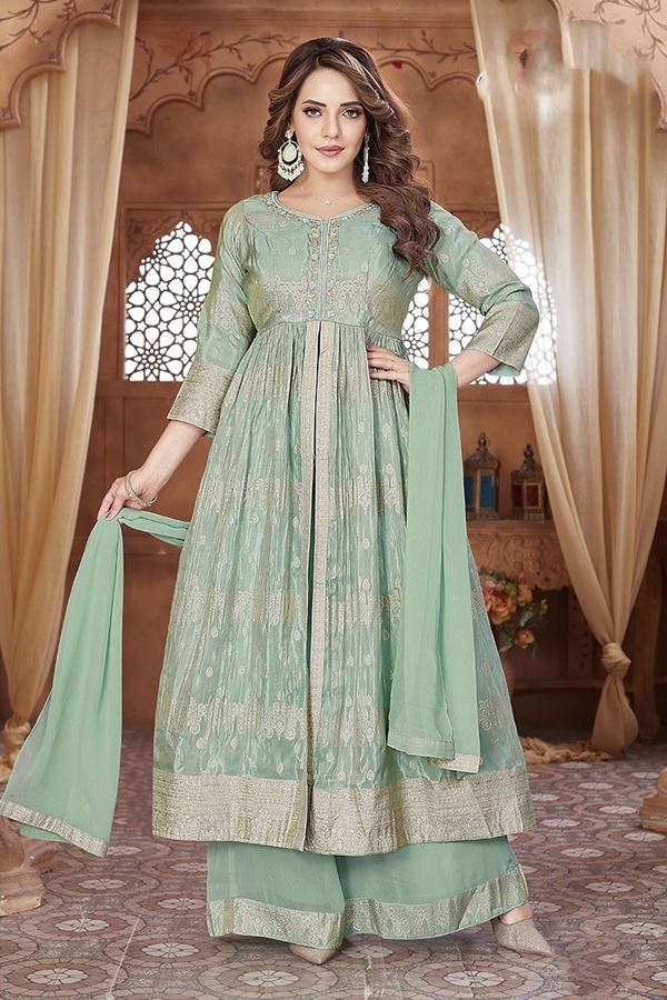 Picture of Classy Sea Green Designer Palazzo Suit for Engagement, Sangeet, and Parties