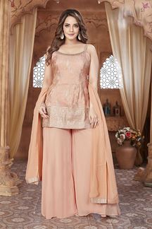 Picture of Amazing Coral Designer Palazzo Suit for Engagement, Sangeet, and Parties