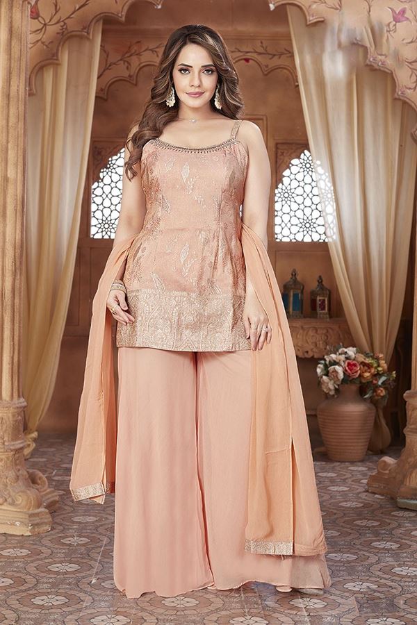Picture of Amazing Coral Designer Palazzo Suit for Engagement, Sangeet, and Parties