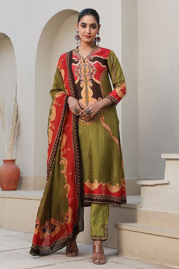 Picture of  Impressive Olive Green Designer Straight Cut Suit for Mehendi, Festivals, Sangeet, and Parties