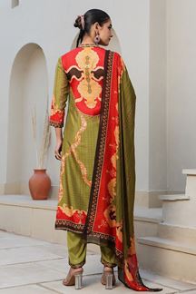 Picture of  Impressive Olive Green Designer Straight Cut Suit for Mehendi, Festivals, Sangeet, and Parties