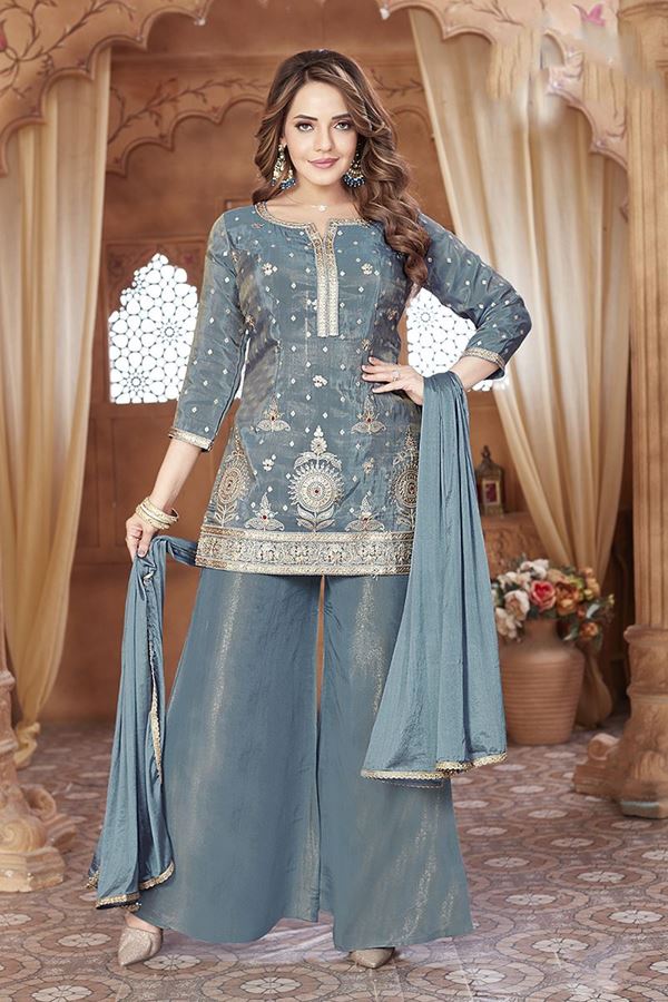 Picture of Dazzling Blue Designer Palazzo Suit for Engagement, Reception, and Sangeet