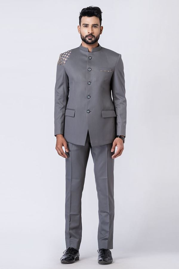 Picture of Exuberant Grey Designer Jodhpuri Suit for Engagement, Reception, Wedding, Sangeet, and Parties