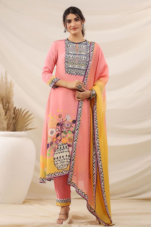 Picture of   Pretty Peach Designer Straight Cut Suit for Festivals, Sangeet, and Parties