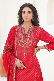 Picture of   Irresistible Crimson Red Designer Straight Cut Suit for Festivals, Sangeet, and Parties