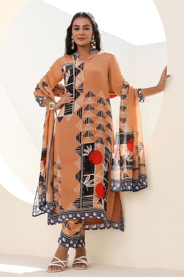 Picture of  Divine Pastel Peach Designer Straight Cut Suit for Festivals, Sangeet, and Parties