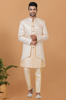 Picture of Artistic Gold and Beige Designer Men’s Indo-Western Sherwani for Engagement, Wedding, and Reception