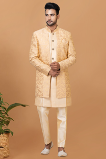 Picture of Enticing Gold and Beige Designer Men’s Indo-Western Sherwani for Engagement, Wedding, and Reception