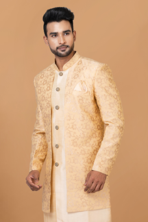 Picture of Enticing Gold and Beige Designer Men’s Indo-Western Sherwani for Engagement, Wedding, and Reception