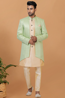 Picture of Vibrant Gold and Green Designer Men’s Indo-Western Sherwani for Engagement, Wedding, and Reception