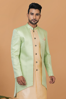 Picture of Vibrant Gold and Green Designer Men’s Indo-Western Sherwani for Engagement, Wedding, and Reception