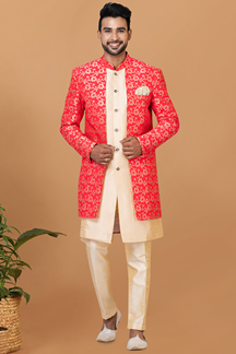 Picture of Amazing Gold and Red Designer Men’s Indo-Western Sherwani for Engagement, Wedding, and Reception