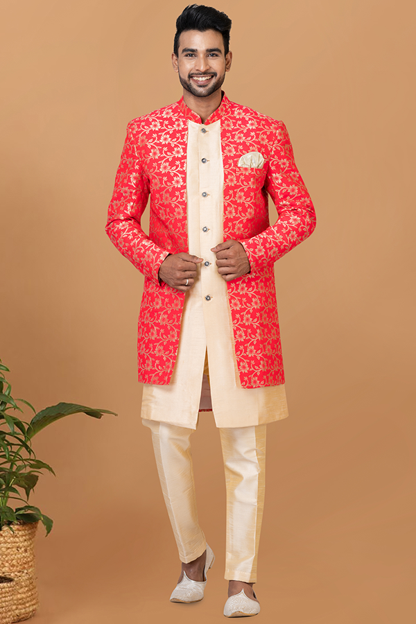 Picture of Amazing Gold and Red Designer Men’s Indo-Western Sherwani for Engagement, Wedding, and Reception
