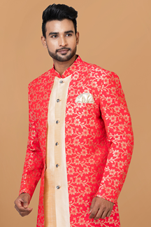 Picture of Amazing Gold and Red Designer Men’s Indo-Western Sherwani for Engagement, Wedding, and Reception