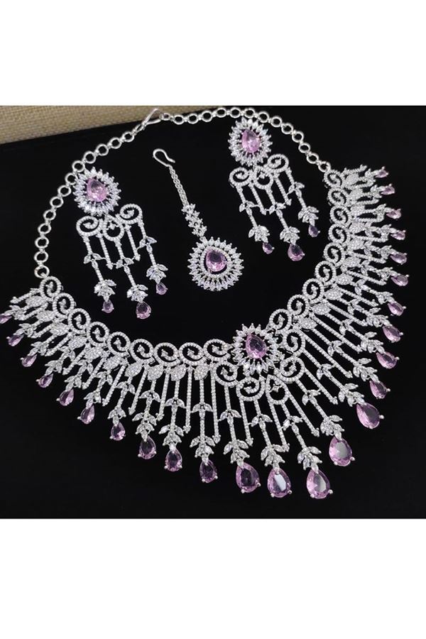 Picture of  Surreal White and Light Purple Designer Necklace Set for Engagement, Wedding, and Reception