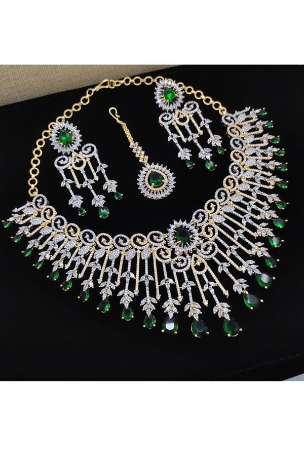 Picture of  Royal White and Green Designer Necklace Set for Mehendi, Engagement, Wedding, and Reception