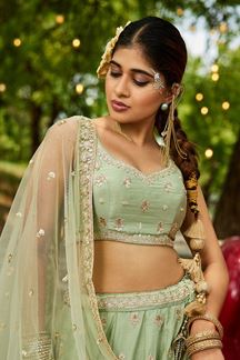 Picture of Fascinating Lime Green Designer Indo-Western Lehenga Choli for Engagement and Reception