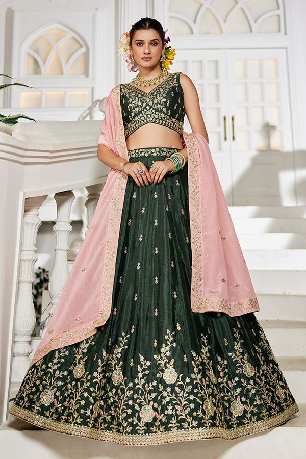 Picture of Captivating Olive Designer Indo-Western Lehenga Choli for Engagement and Reception