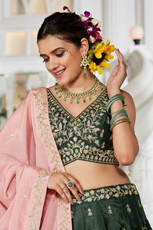 Picture of Captivating Olive Designer Indo-Western Lehenga Choli for Engagement and Reception