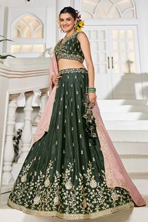 Picture of Captivating Olive Designer Indo-Western Lehenga Choli for Engagement and Reception