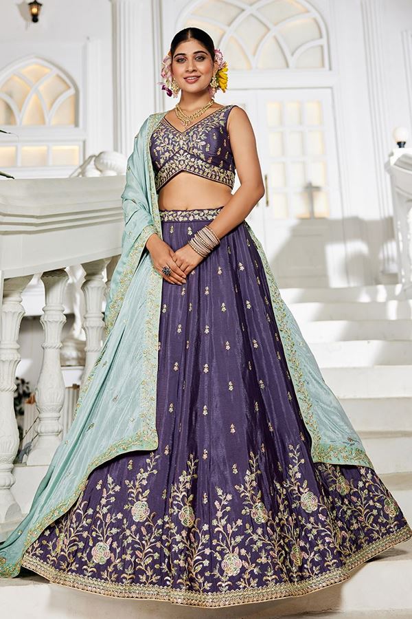 Picture of Smashing Violet Designer Indo-Western Lehenga Choli for Engagement and Reception