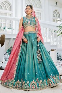 Picture of Enticing Sea Green Designer Indo-Western Lehenga Choli for Engagement and Reception