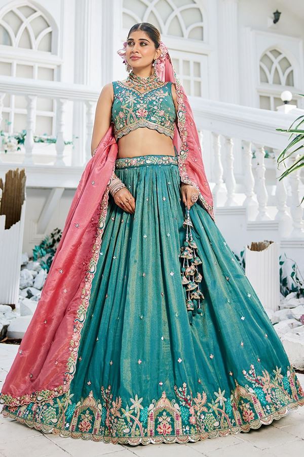 Picture of Enticing Sea Green Designer Indo-Western Lehenga Choli for Engagement and Reception