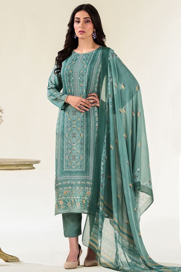 Picture of Captivating Turquoise Designer Straight Cut Suit for Festivals, Sangeet, and Parties (Unstitched suit)