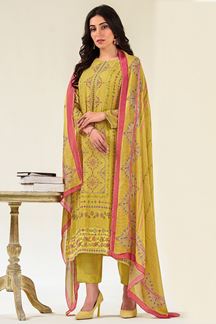 Picture of Outstanding Yellow Designer Straight Cut Suit for Festivals, Haldi, and Parties (Unstitched suit)