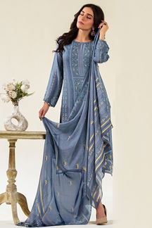 Picture of Fascinating Blue Designer Straight Cut Suit for Festivals, Sangeet, and Parties (Unstitched suit)