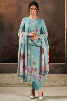 Picture of Flamboyant Sky Blue Designer Straight Cut Suit for Festivals, Sangeet, and Parties (Unstitched suit)