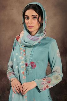 Picture of Flamboyant Sky Blue Designer Straight Cut Suit for Festivals, Sangeet, and Parties (Unstitched suit)