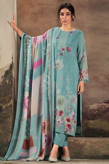 Picture of Flamboyant Sky Blue Designer Straight Cut Suit for Festivals, Sangeet, and Parties (Unstitched suit)