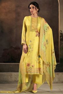 Picture of Classy Yellow Designer Straight Cut Suit for Festivals, Haldi, and Parties (Unstitched suit)