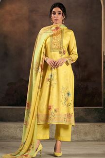 Picture of Classy Yellow Designer Straight Cut Suit for Festivals, Haldi, and Parties (Unstitched suit)