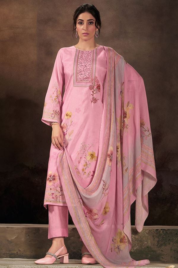 Picture of Pretty Pink Designer Straight Cut Suit for Festivals, Sangeet, and Parties (Unstitched suit)
