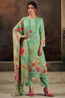 Picture of Surreal Green Designer Straight Cut Suit for Festivals, Mehendi, and Parties (Unstitched suit)