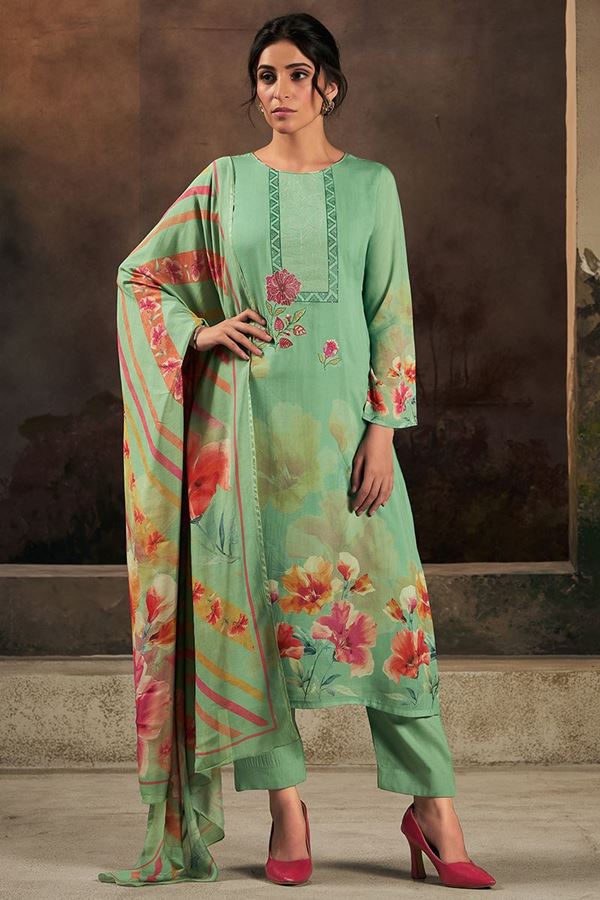 Picture of Surreal Green Designer Straight Cut Suit for Festivals, Mehendi, and Parties (Unstitched suit)