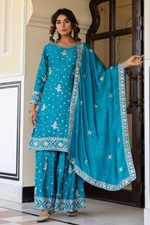 Picture of Outstanding Sky Blue Designer Sharara Suit for Festivals, Sangeet, and Parties